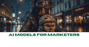 AI-generated image of a Rottweiler in aviator goggles and a leather jacket riding through a rainy city street at night with an owl wearing a helmet and glasses, the featured image for Lisa Peyton's AI Models for Marketers review of GPT-5.6 Sol.