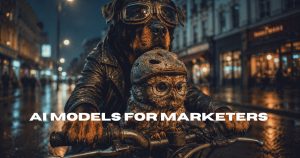 AI-generated image of a Rottweiler in aviator goggles and a leather jacket riding through a rainy city street at night with an owl wearing a helmet and glasses, the featured image for Lisa Peyton's AI Models for Marketers review of GPT-5.6 Sol.