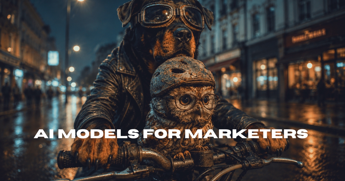 AI-generated image of a Rottweiler in aviator goggles and a leather jacket riding through a rainy city street at night with an owl wearing a helmet and glasses, the featured image for Lisa Peyton's AI Models for Marketers review of GPT-5.6 Sol.
