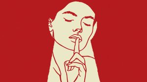 Line illustration of a woman holding a finger to her lips, representing the end of undisclosed AI content under the EU AI Act.