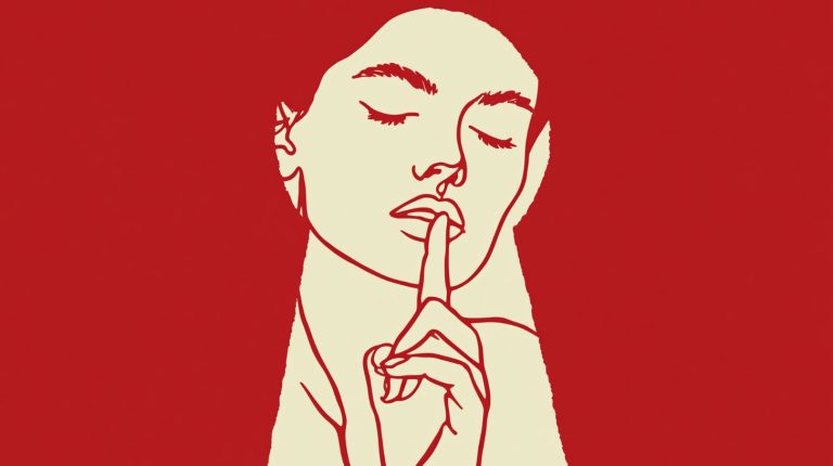 Line illustration of a woman holding a finger to her lips, representing the end of undisclosed AI content under the EU AI Act.