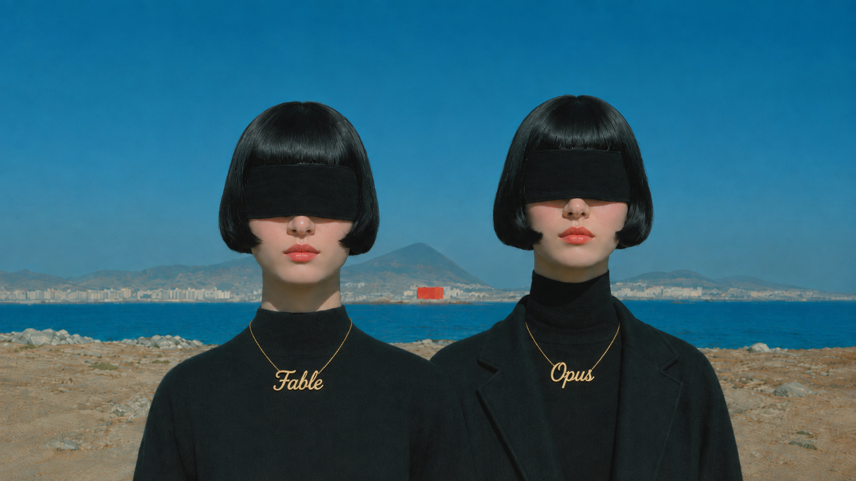 Two AI models in a three-round bake-off, illustrating Claude Opus 5 vs. Claude Fable 5 for marketers, in flat midcentury screenprint style