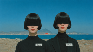 Two AI models in a three-round bake-off, illustrating Claude Opus 5 vs. Claude Fable 5 for marketers, in flat midcentury screenprint style